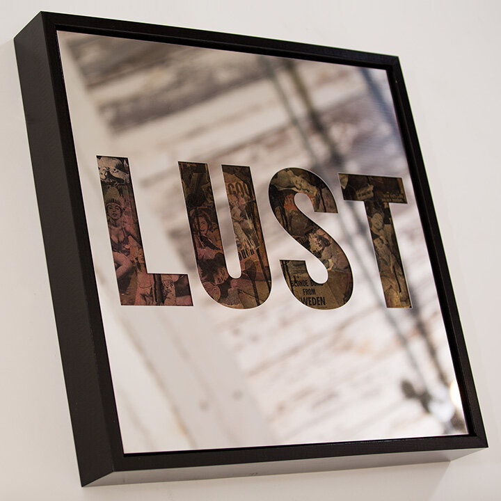 Lust by Jeremy Penn — Mirror-polished steel, vintage erotica, & spray paint on panel