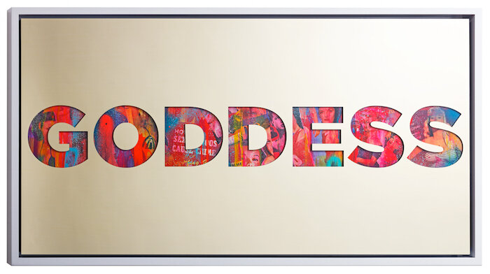 GODDESS by Jeremy Penn — Mirror-polished gold aluminum, vintage erotica, & spray paint on panel